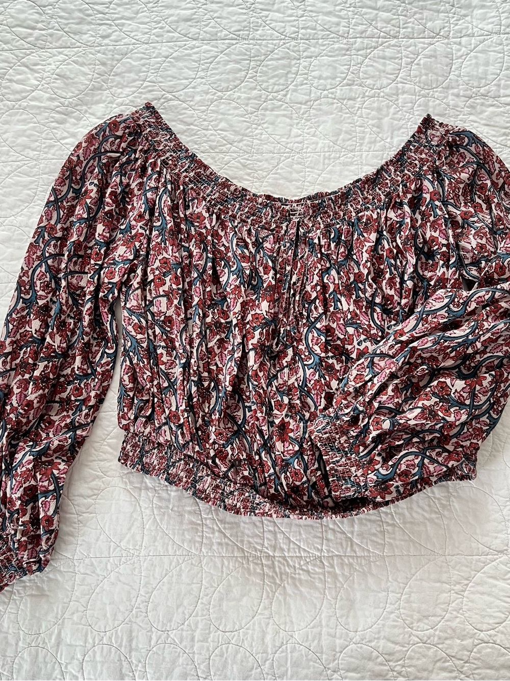 Free People Burgundy Vintage Floral Smocked Off-Shoulder Crop Top Boho Hippie
